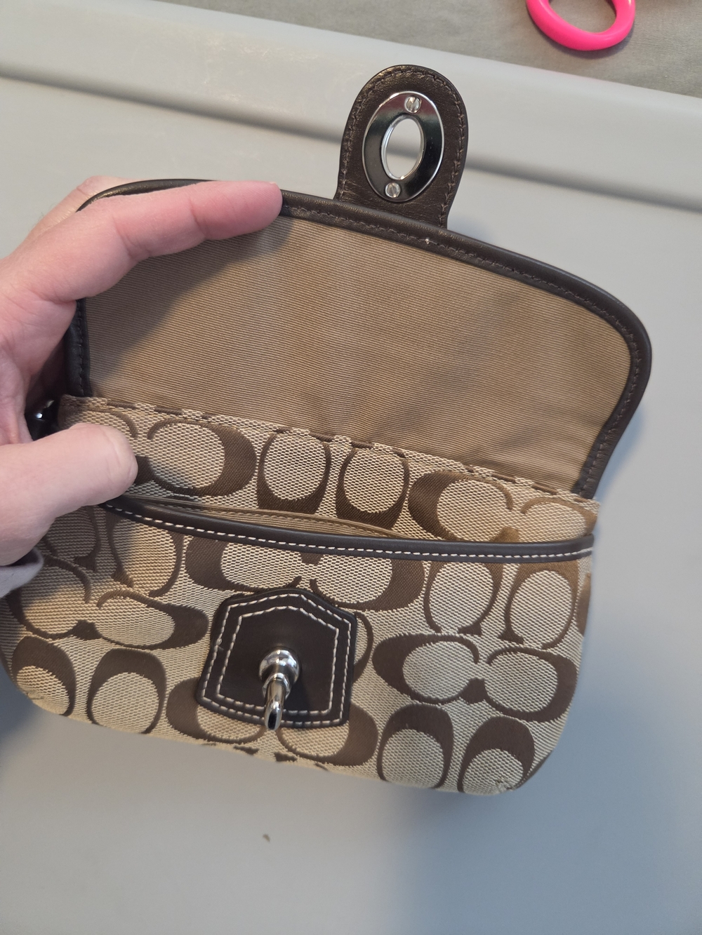 Coach Beige Signature Canvas Wristlet with Brown Leather Trim - Picture 2 of 5